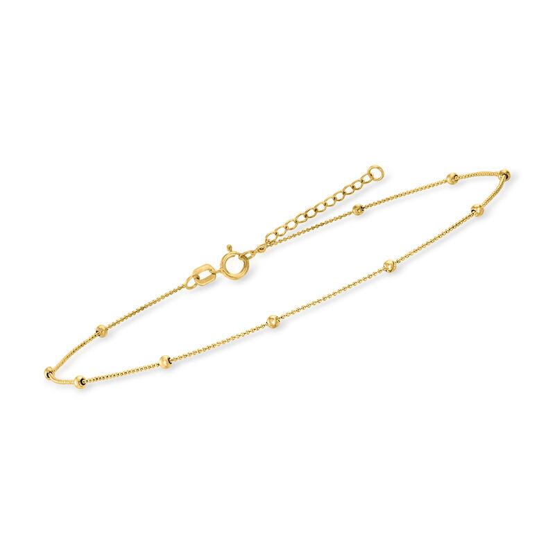 2mm 14kt Yellow Gold Diamond-Cut Bead Station Anklet. 9&quot; image number 1