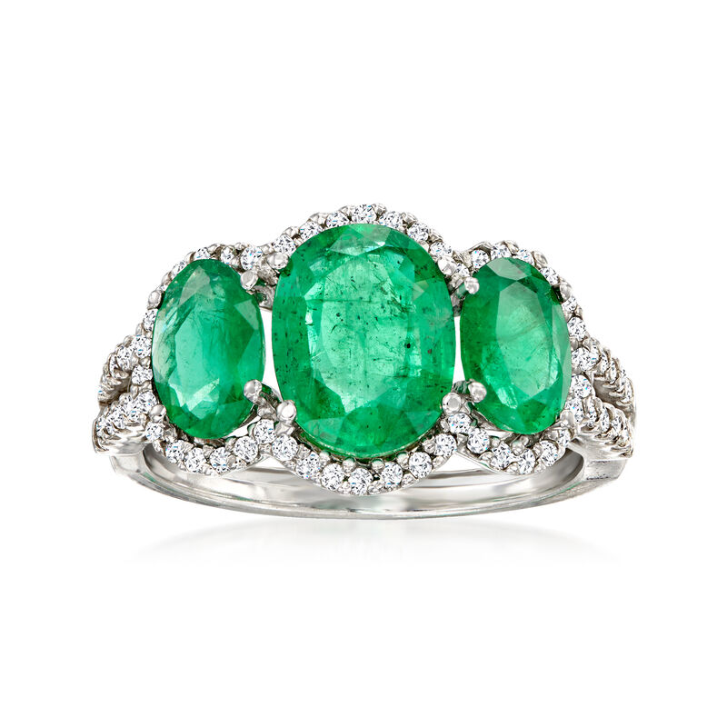 3.30 ct. t.w. Emerald and .35 ct. t.w. Diamond Three-Stone Ring in 14kt White Gold. Size 8 image number 0