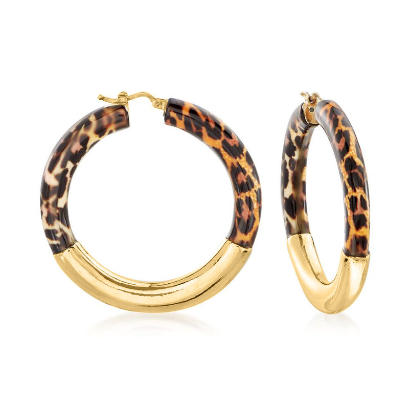 Italian Leopard-Print Enamel and 18kt Gold Over Sterling Hoop Earrings image number 0