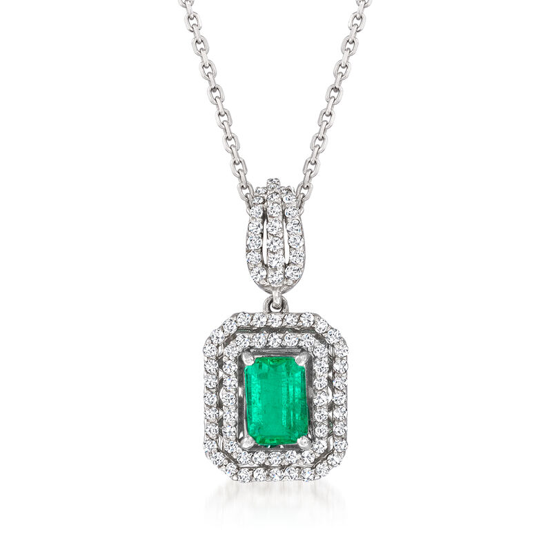 1.00 Carat Emerald and .38 ct. t.w. Diamond Pendant Necklace in 14kt White Gold. 16" image number 1