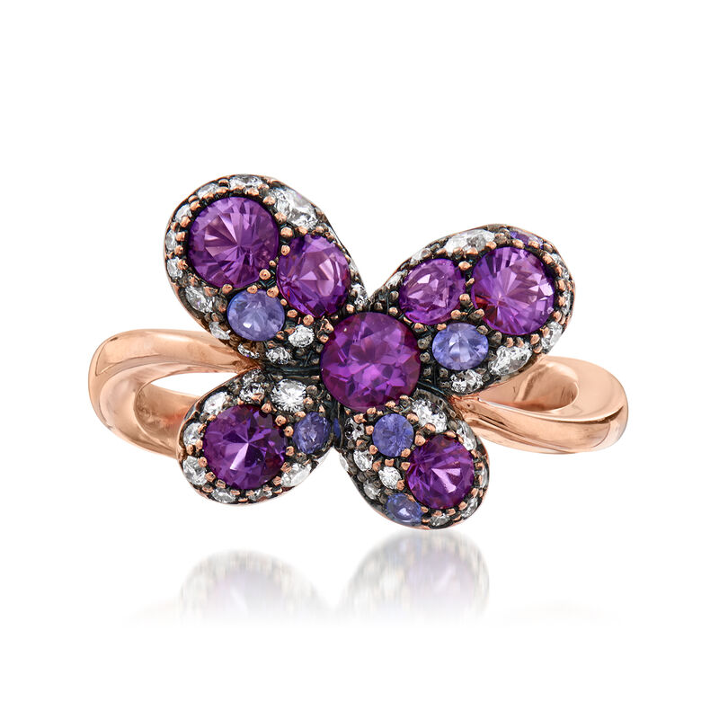 C. 1980 Vintage Crivelli 1.35 ct. t.w. Multi-Gemstone and .30 ct. t.w. Diamond Butterfly Ring in 18kt Rose Gold image number 0