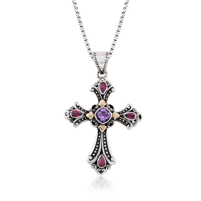 .90 Carat Amethyst and .90 ct. t.w. Rhodolite Garnet Balinese Cross Pendant Necklace in Sterling Silver and 18kt Gold. 18&quot; image number 1