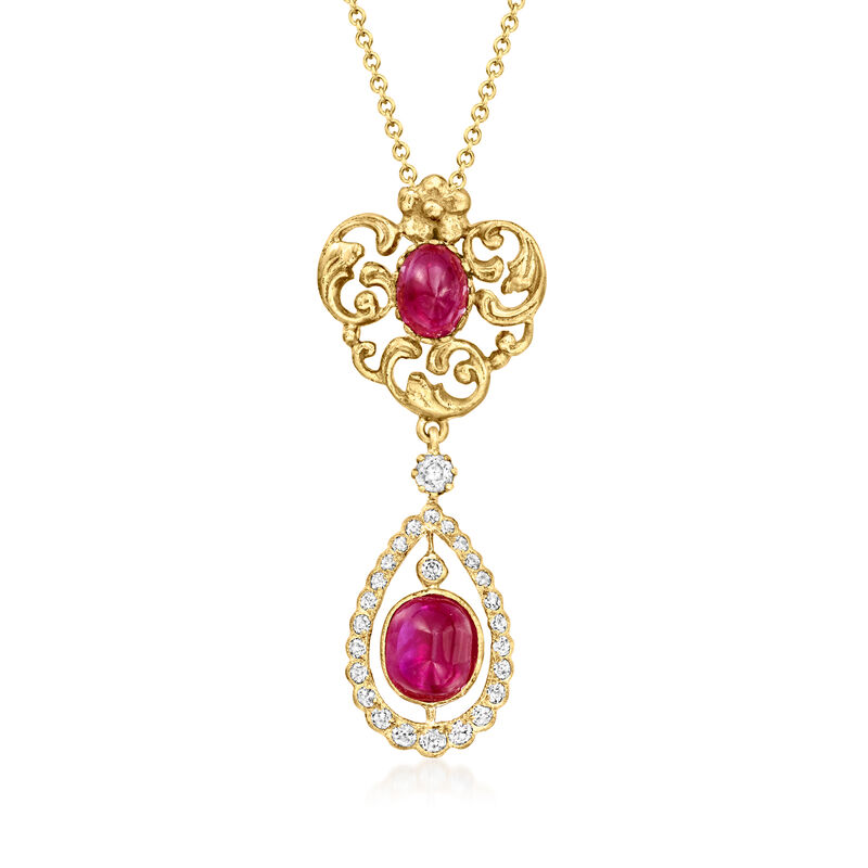 C. 1980 Vintage 3.25 ct. t.w. Ruby and .50 ct. t.w. Diamond Pendant Necklace in 18kt Yellow Gold. 16" image number 0