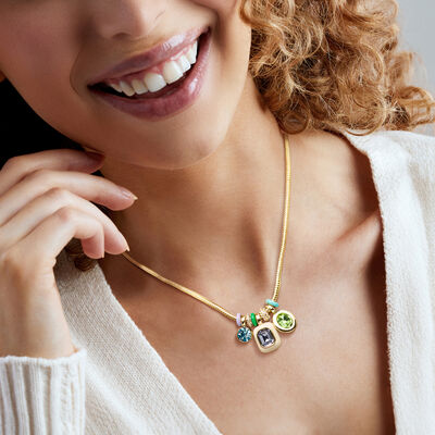 14kt Yellow Gold-Plated Charm Necklace with Enamel and Simulated Multicolored Gemstones