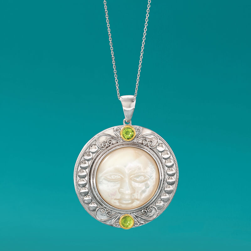 Mother-Of-Pearl and 1.10 ct. t.w. Peridot Moon Pendant Necklace in Sterling Silver and 14kt Yellow Gold image number 2