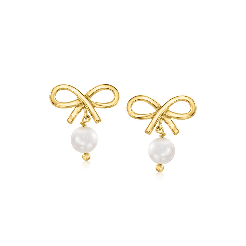 Italian 6-6.5mm Cultured Pearl Bow Drop Earrings in 18kt Gold Over Sterling  image number 0