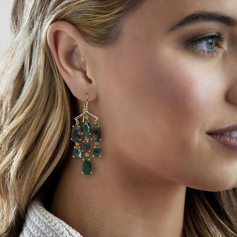 14kt Yellow Gold-Plated Chandelier Earrings with Green Agate and 4.20 ct. t.w. Emeralds  image number 1