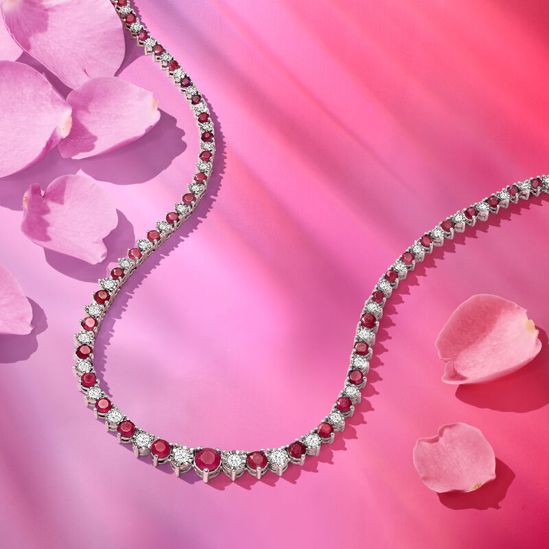9.00 ct. t.w. Ruby and 1.50 ct. t.w. Diamond Tennis Necklace in Sterling Silver image number 2
