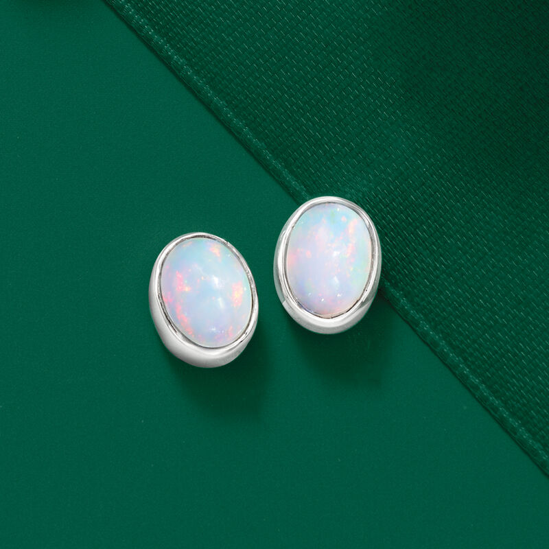 Bezel-Set Opal Stud Earrings in Sterling Silver image number 2
