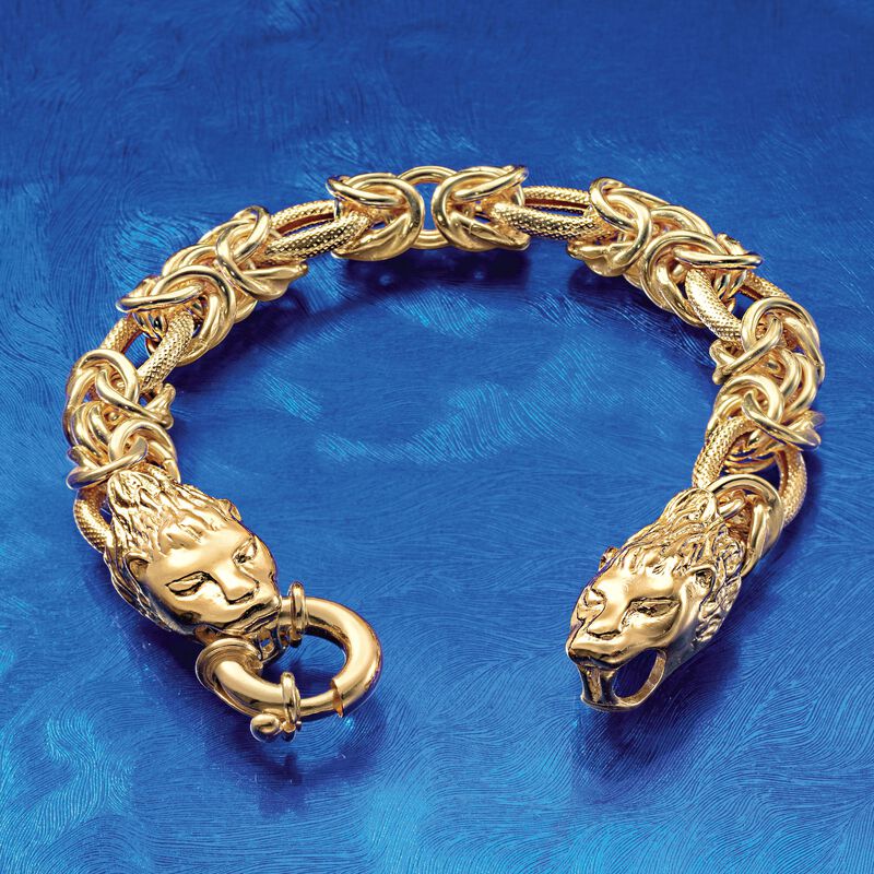 Italian 24kt Gold Over Sterling Byzantine Double Lion Head Bracelet image number 3