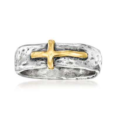 Sterling Silver and 14kt Yellow Gold Sideways Cross Ring