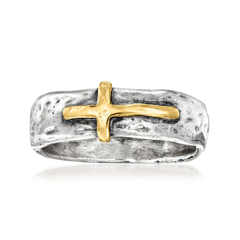 Sterling Silver and 14kt Yellow Gold Sideways Cross Ring image number 0