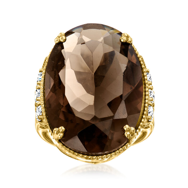 20.00 Carat Smoky Quartz and 1.60 ct. t.w. White Zircon Ring in 18kt Gold Over Sterling image number 0