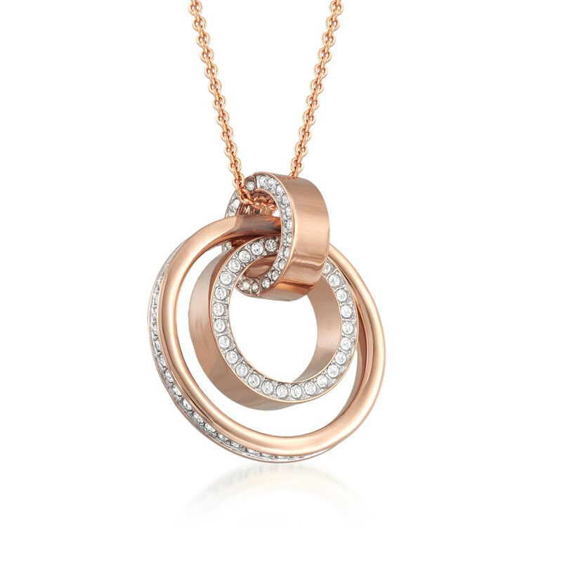 Swarovski Crystal "Hollow" Pave Crystal Medium Double Circle Pendant Necklace in Rose Gold Plate image number 3