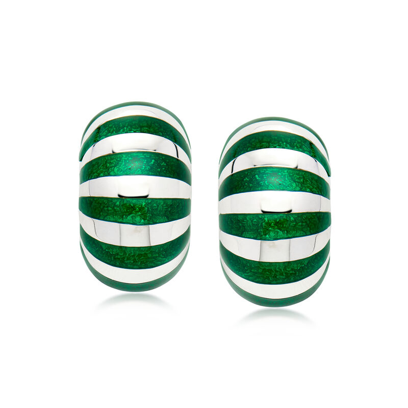 C. 1970 Vintage Tiffany Jewelry Sterling Silver and Green Enamel Striped Earrings image number 0