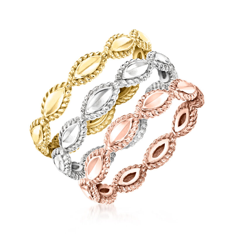Rhodium and 14kt Two-Tone Gold-Plated Jewelry Set: Three Stackable Rings image number 2
