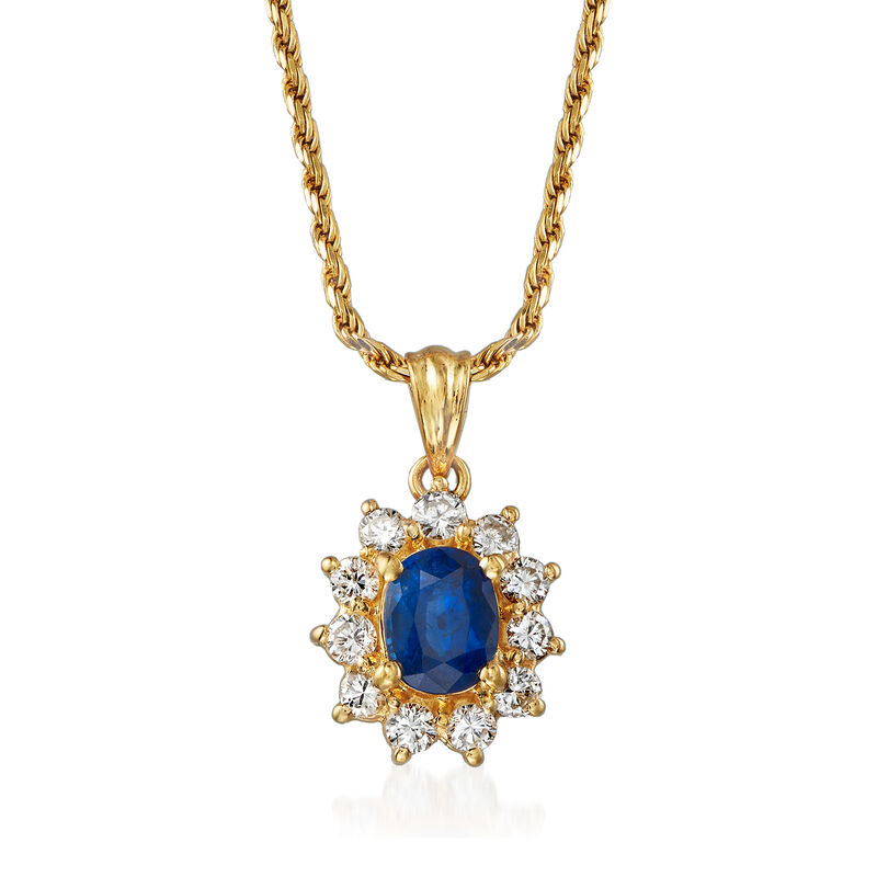 C. 1990 Vintage 1.10 Carat Sapphire and .55 ct. t.w. Diamond Pendant Necklace in 14kt Yellow Gold. 15.75&quot; image number 1