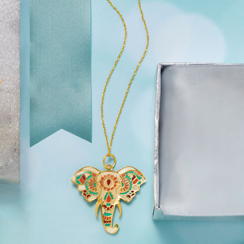 Multicolored Enamel Elephant Head Pendant Necklace in 14kt Yellow Gold image number 2