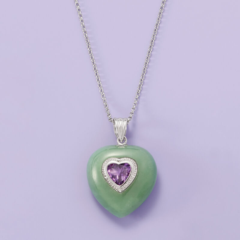 Jade and 1.50 Carat Amethyst Heart Pendant Necklace in Sterling Silver image number 2