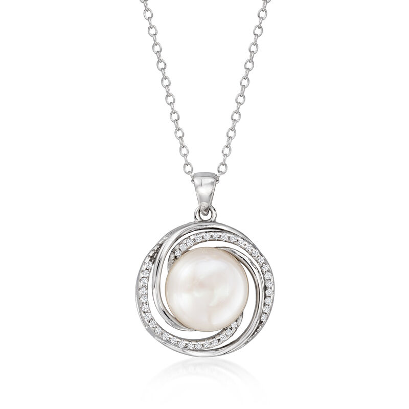 9-10mm Cultured Pearl and .50 ct. t.w. CZ Jewelry Set: Earrings and Pendant Necklace in Sterling Silver image number 3