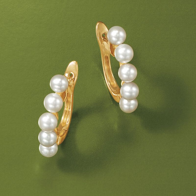 4-4.5mm Cultured Pearl Hoop Earrings in 14kt Yellow Gold image number 3