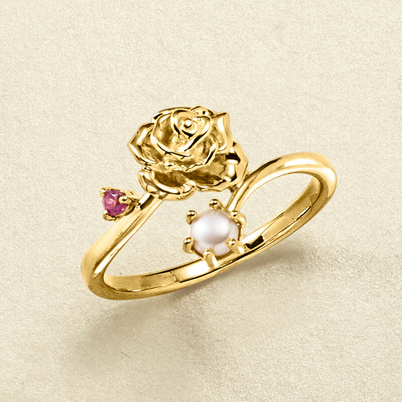 Rose Flower/June Birthstone Ring with 3.5-4mm Cultured Pearl and Single Rhodolite Garnet in 18kt Gold Over Sterling. Size 7 image number 3