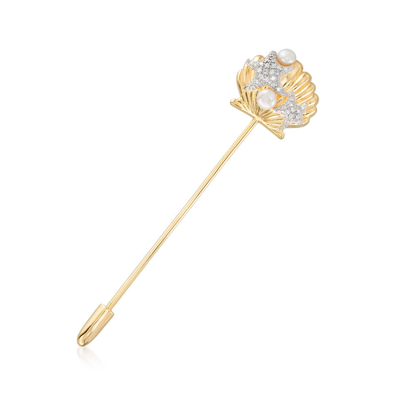 3.5-4mm Cultured Pearl and .10 ct. t.w. Diamond Seashell Stick Pin in 18kt Gold Over Sterling image number 0