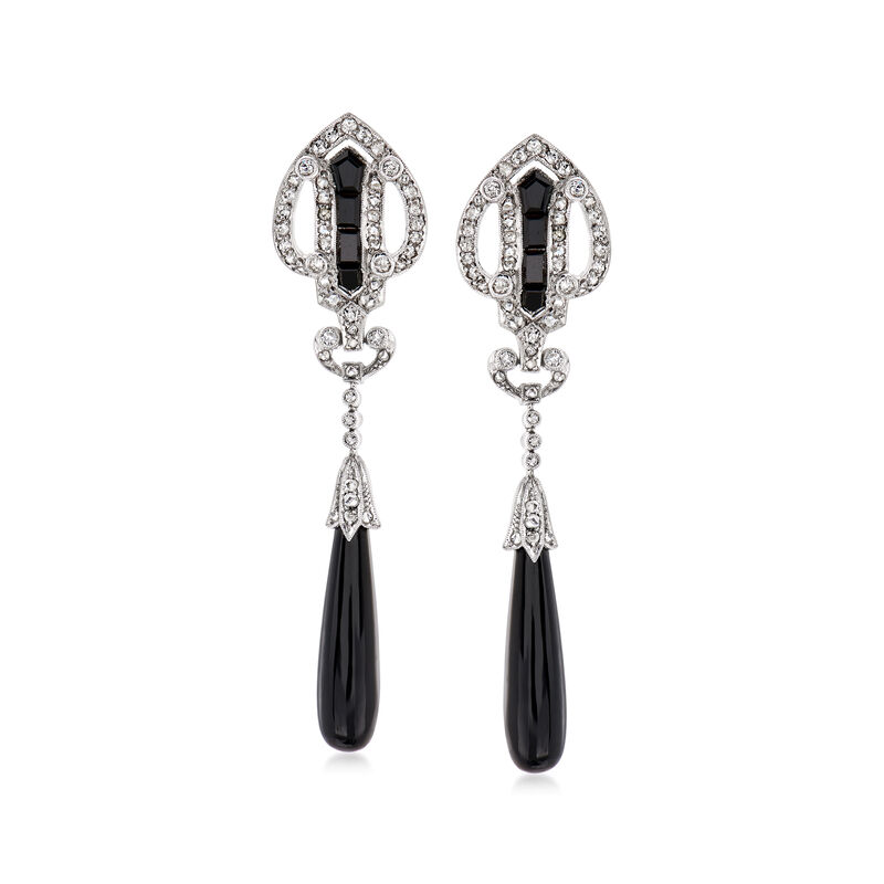 C. 1970 Vintage Black Onyx and 1.00 ct. t.w. Diamond Drop Earrings in 18kt White Gold image number 0