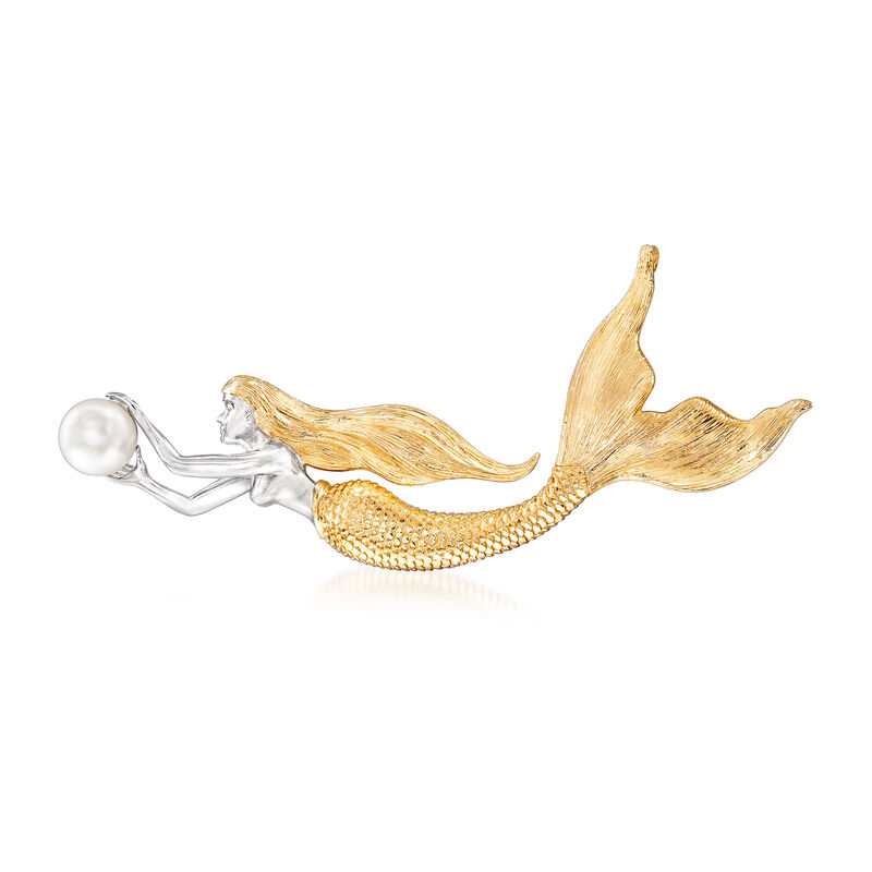9-9.5mm Cultured Pearl Mermaid Pin in Sterling Silver and 18kt Gold Over Sterling image number 0