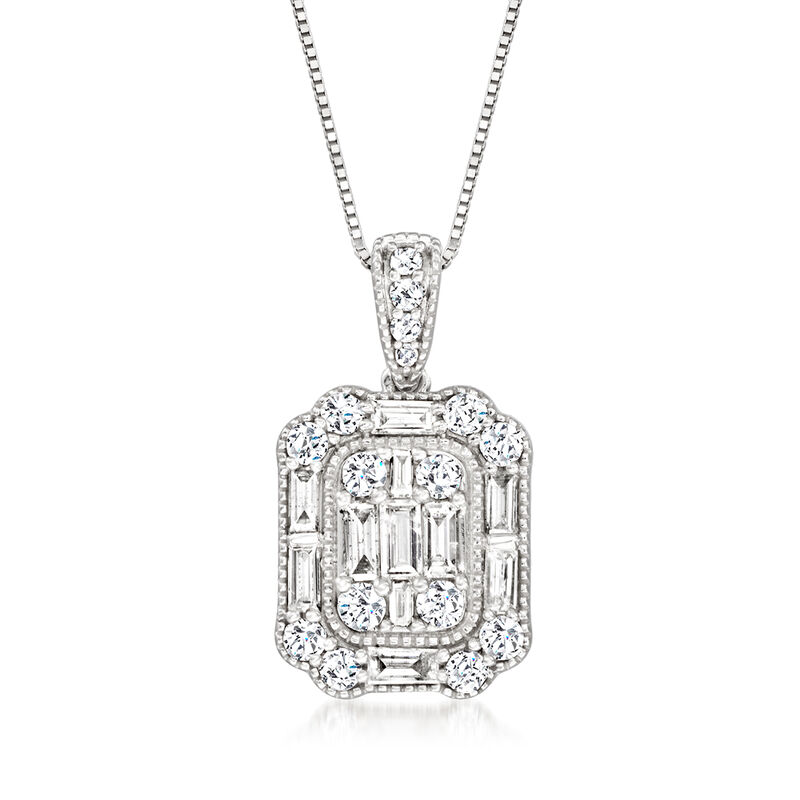 1.00 ct. t.w. Round and Baguette Diamond Cluster Pendant Necklace in 14kt White Gold. 18&quot; image number 1