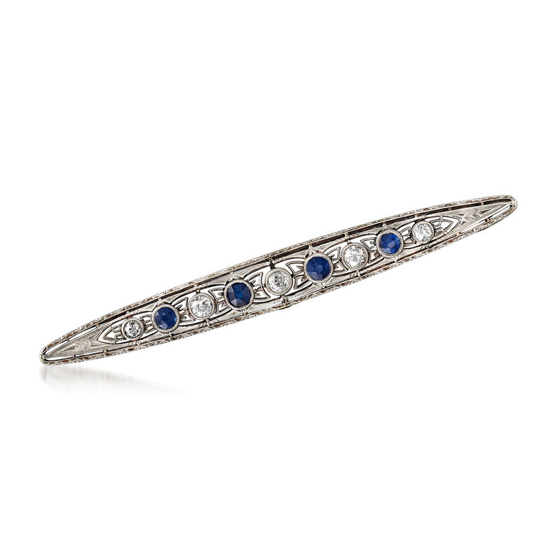 C. 1940 Vintage .60 ct. t.w. Diamond and .50 ct. t.w. Sapphire Bar Pin in 14kt Yellow Gold and Platinum image number 0