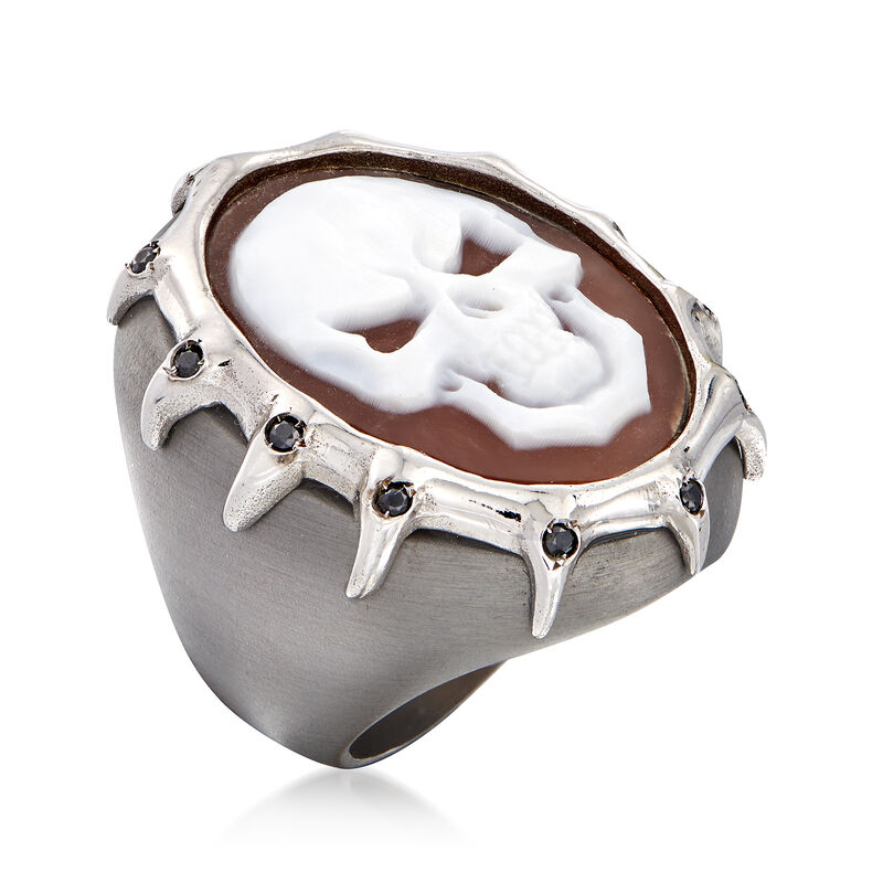 Italian .10 ct. t.w. Black CZ Skull Cameo Ring in Sterling Silver image number 2