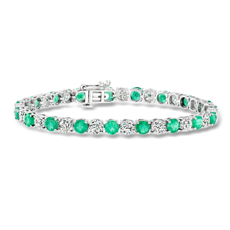 6.75 ct. t.w. Emerald and 7.00 ct. t.w. Lab-Grown Diamond Tennis Bracelet in 14kt White Gold image number 0