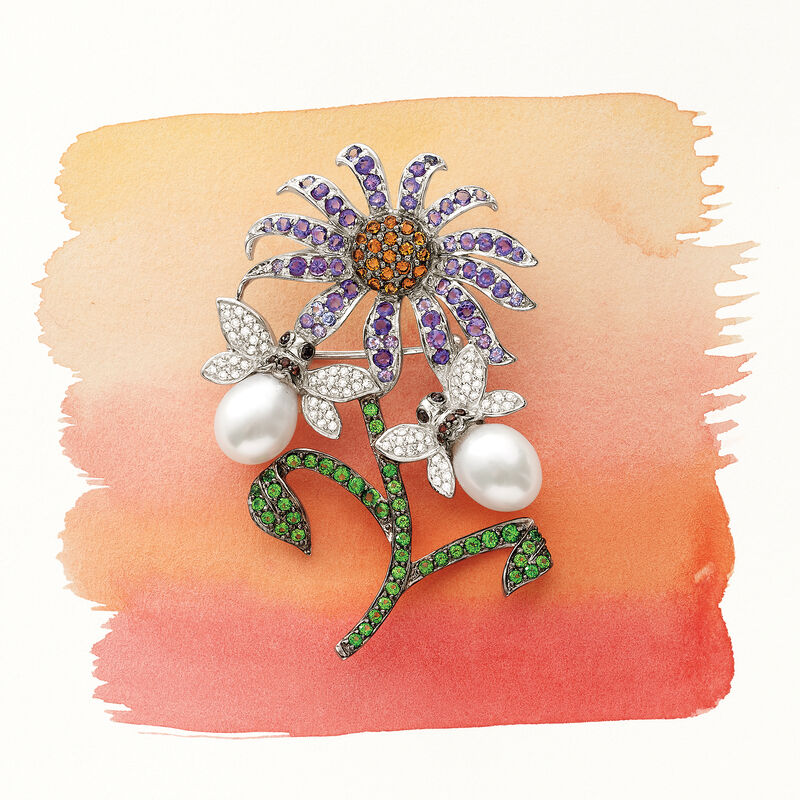 10x8mm Cultured Pearl and 3.60 ct. Tot. Gem wt. Pin Pendant Necklace in Sterling Silver image number 3