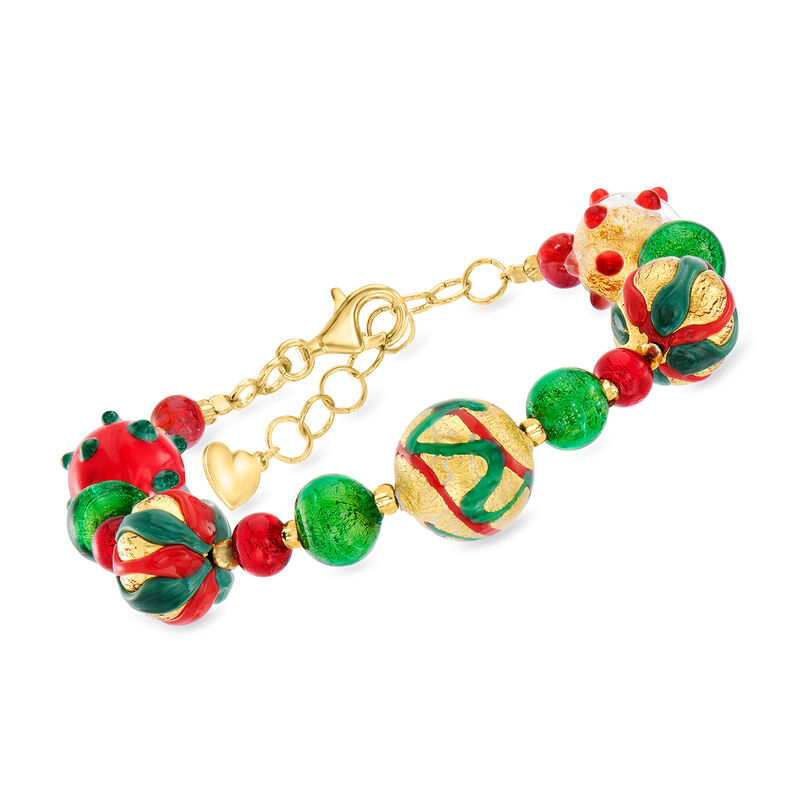 Italian Multicolored Murano Glass Bead Holiday Bracelet in 18kt Yellow Gold Over Sterling. 7" image number 0