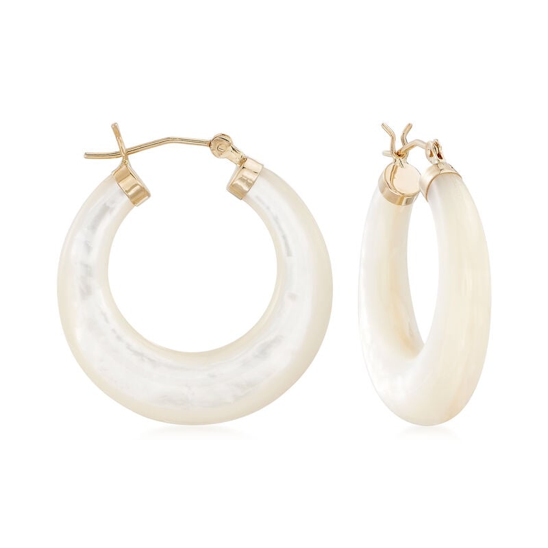 Mother-of-Pearl Hoop Earrings with 14kt Yellow Gold. 1 1/8&quot; image number 0