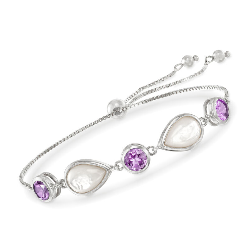 Mother-of-Pearl and 6.00 ct. t.w. Amethyst Bolo Bracelet in Sterling Silver image number 0