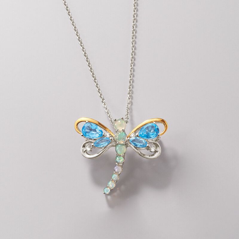 Opal and 2.38 ct. t.w. Swiss Blue and White Topaz Dragonfly Pin/Pendant Necklace in Two-Tone Sterling Silver image number 4
