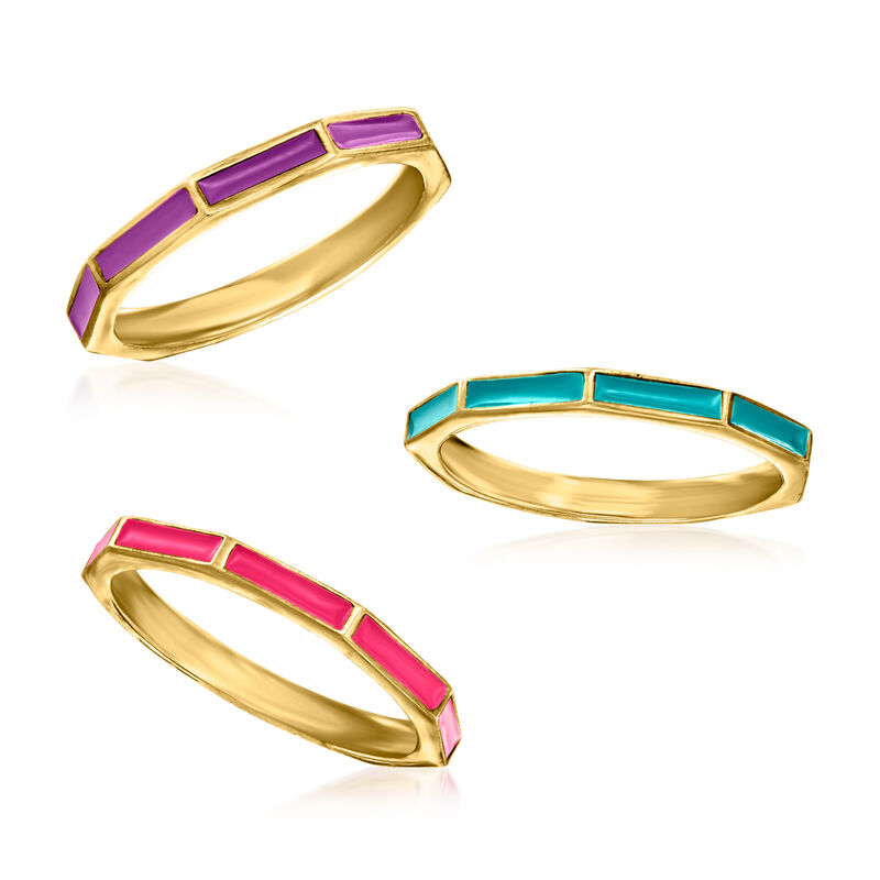 Italian Multicolored Enamel Jewelry Set: Three Geometric Rings in 18kt Gold Over Sterling image number 3