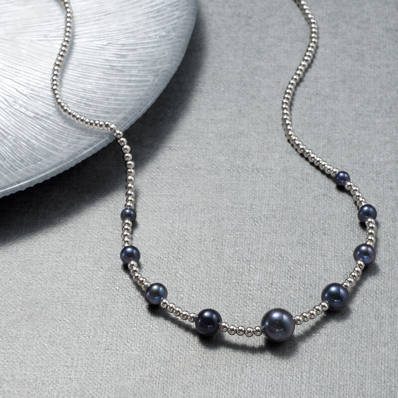 5-10.5mm Graduated Black Cultured Pearl and Sterling Silver Bead Necklace image number 2