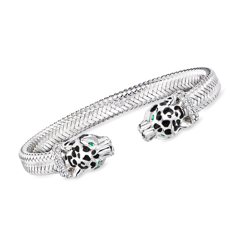 Charles Garnier .60 ct. t.w. CZ Panther Head Cuff Bracelet with Black Enamel and Simulated Emerald Accents in Sterling Silver. 7.5&quot; image number 0