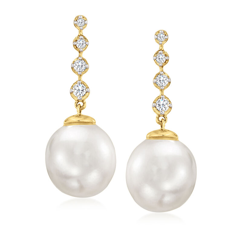 10-10.5mm Cultured South Sea Pearl and .17 ct. t.w. Diamond Drop Earrings in 14kt Yellow Gold  image number 0