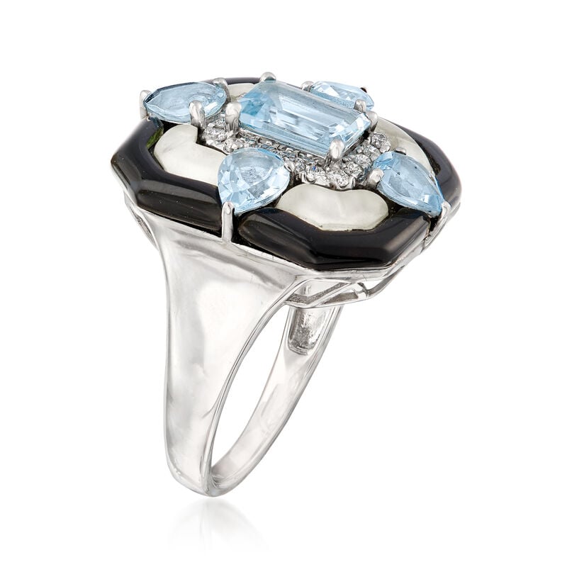 Black Onyx, Rock Crystal, 1.90 ct. t.w. Aquamarine and .15 ct. t.w. Diamond Ring in 14kt White Gold image number 2
