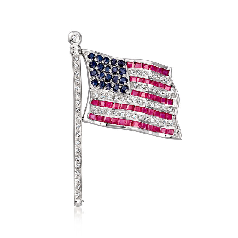 C. 1980 Vintage 2.00 ct. t.w. Ruby, .80 ct. t.w. Sapphire and .30 ct. t.w. Diamond American Flag Pin in 14kt White Gold image number 0