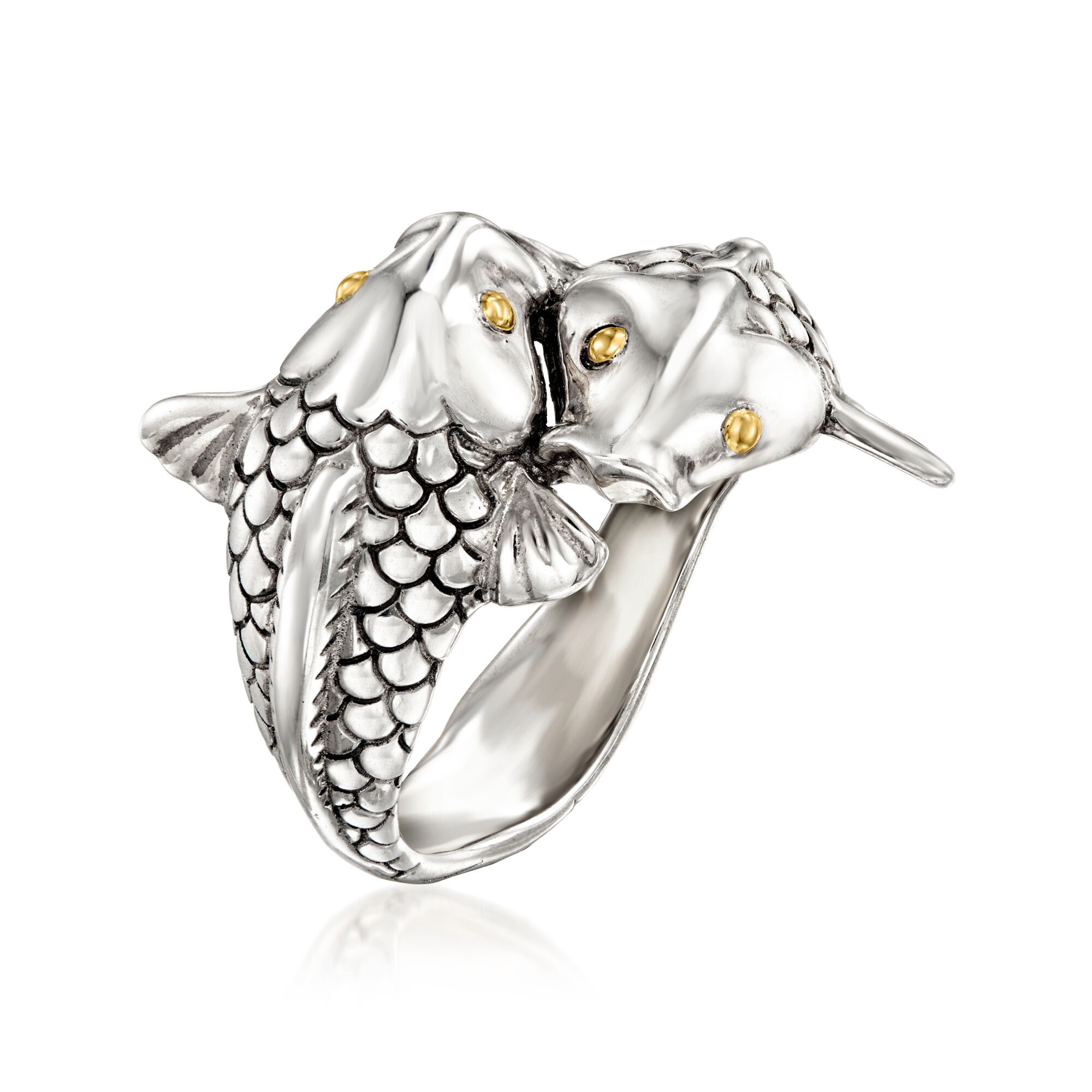 Sterling Silver Bali-Style Koi Fish Bypass Ring with 18kt