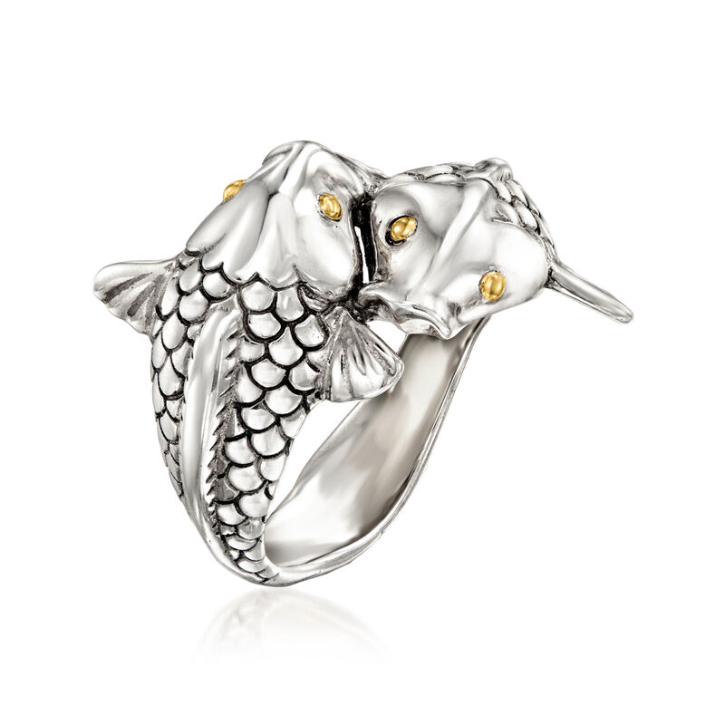 Sterling Silver Bali-Style Koi Fish Bypass Ring with 18kt Yellow Gold image number 2