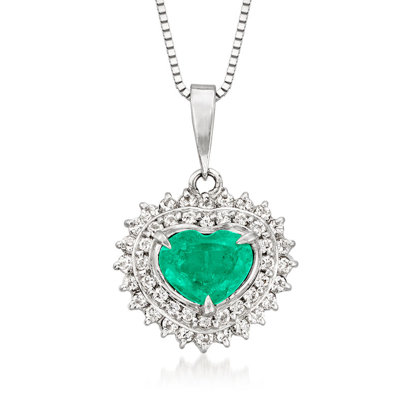 C. 1980 Vintage 1.36 Carat Emerald and .55 ct. t.w. Diamond Heart Pendant Necklace in Platinum and 14kt White Gold image number 0