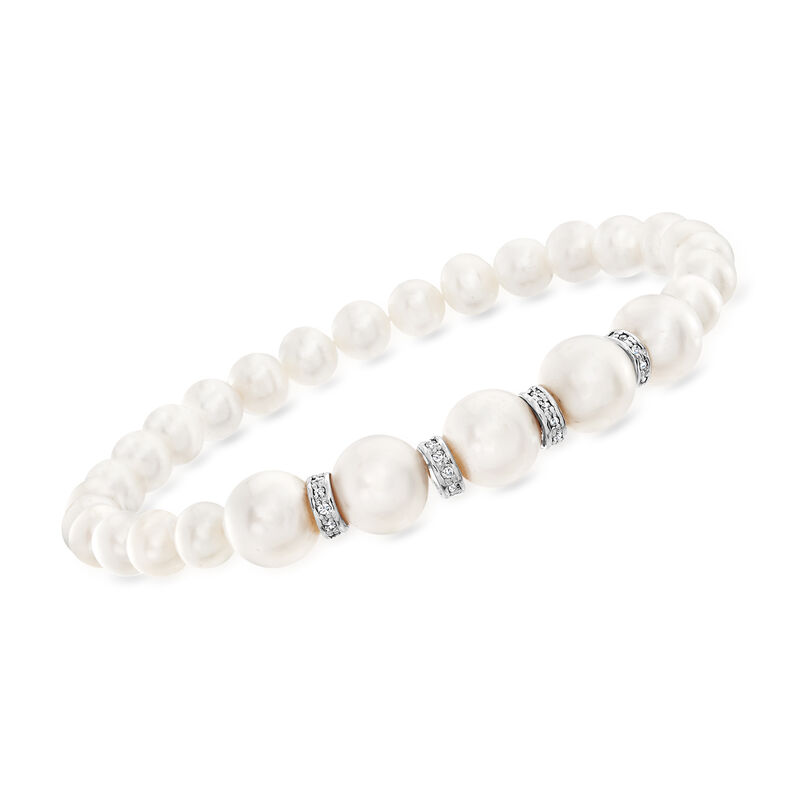 6-8.5mm Cultured Pearl and .25 ct. t.w. Diamond Stretch Bracelet with Sterling Silver image number 0