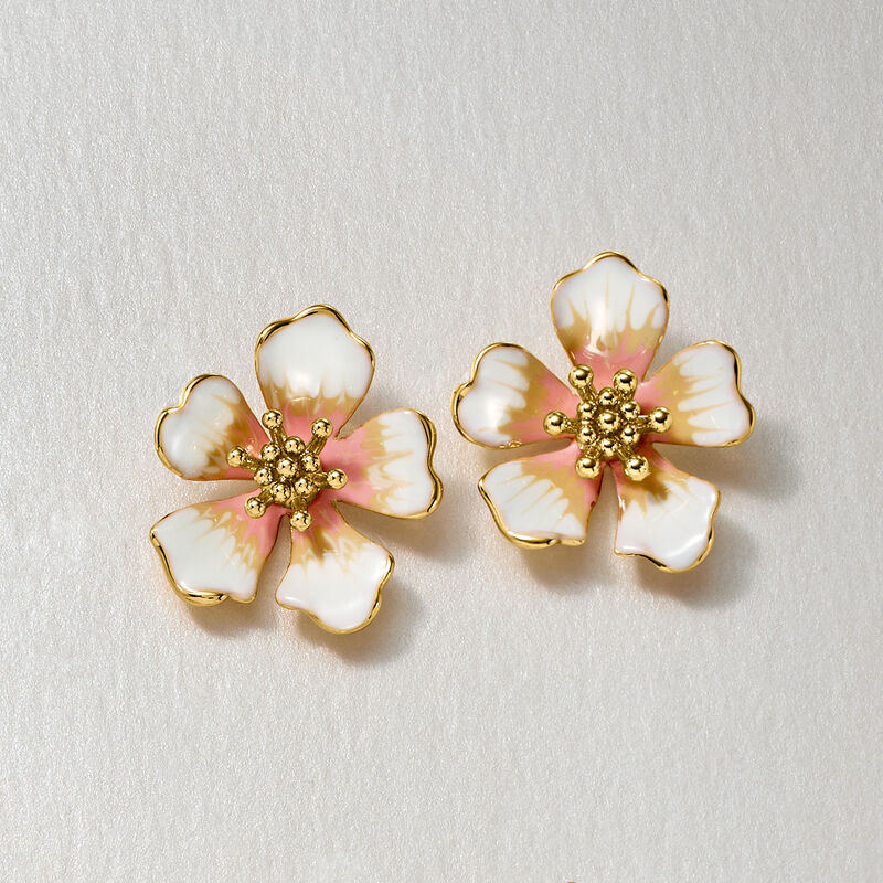 14kt Yellow Gold-Plated Flower Earrings with White and Pink Enamel  image number 2