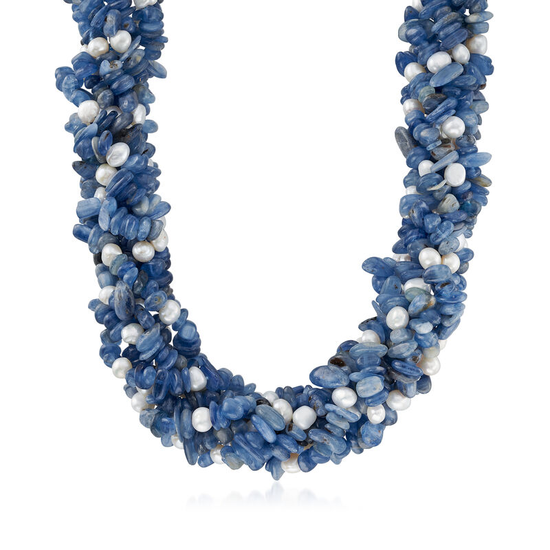 905.00 ct. t.w. Kyanite and 5-6mm Cultured Pearl Torsade Necklace in Sterling Silver. 18&quot; image number 1